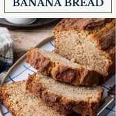Sliced loaf of buttermilk banana bread with text title box at top.
