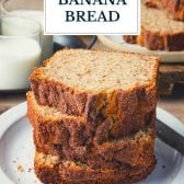 Slices of buttermilk banana bread with text title overlay.