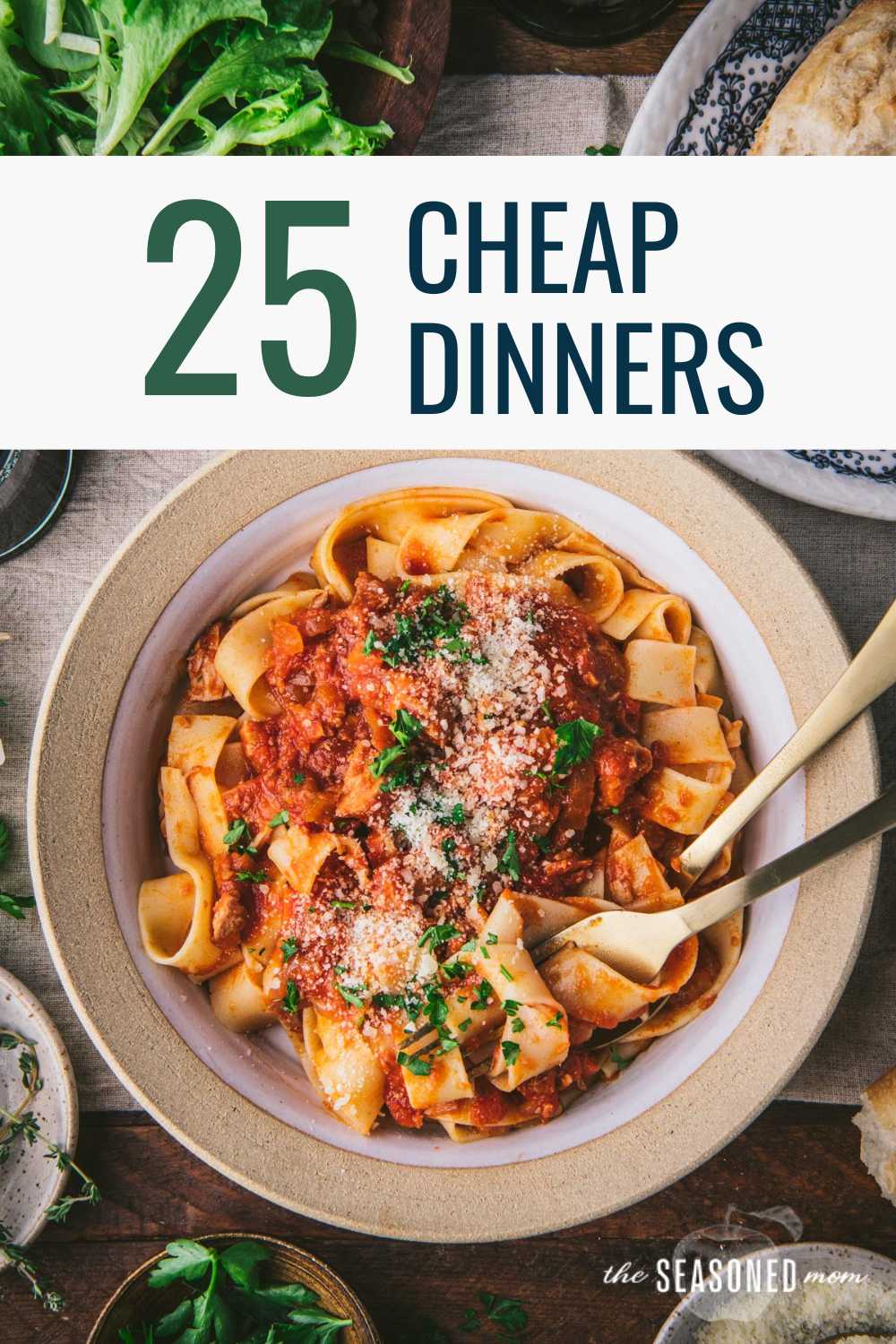 Collage of cheap easy dinners with text title overlay