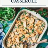 Dish of chicken mushroom rice casserole with text title box at top