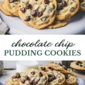 Long collage image of chocolate chip pudding cookies
