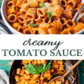 Long collage image of creamy tomato pasta sauce.