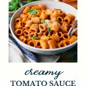 Bowl of creamy tomato pasta sauce with text title at the bottom.