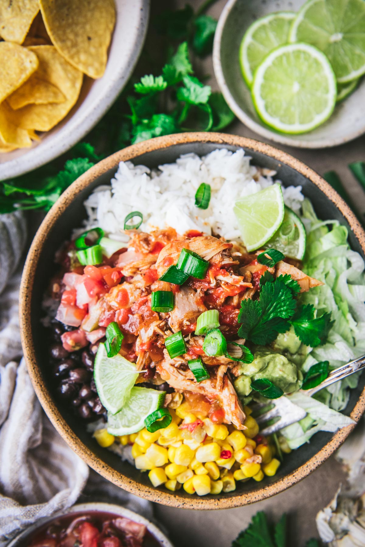 Close overhead image of a chipotle chicken bowl with tons of toppings.