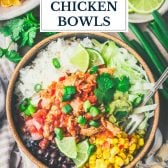 Overhead image of chipotle chicken bowl with text title overlay.