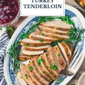 Blue and white plate of sliced crock pot turkey tenderloin with text title overlay.