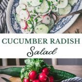 Long collage image of cucumber radish salad.