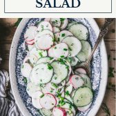 Creamy cucumber radish salad with dill and text title box at top.
