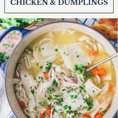 Pot of easy chicken and dumplings with text title box at top.