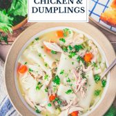 Bowl of easy chicken and dumplings with text title overlay.