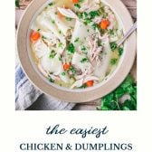 Bowl of easy chicken and dumplings with text title at the bottom.