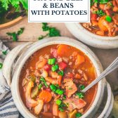 Bowl of ground beef and beans with text title overlay.