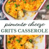 Long collage image of pimento cheese grits casserole