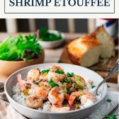 Side shot of a bowl of Cajun shrimp etouffee with text title box at top.
