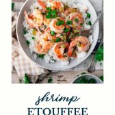 Overhead shot of a bowl of shrimp etouffee with text title at the bottom.