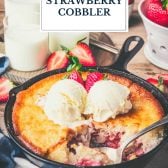 Side shot of strawberry cobbler with text title overlay.