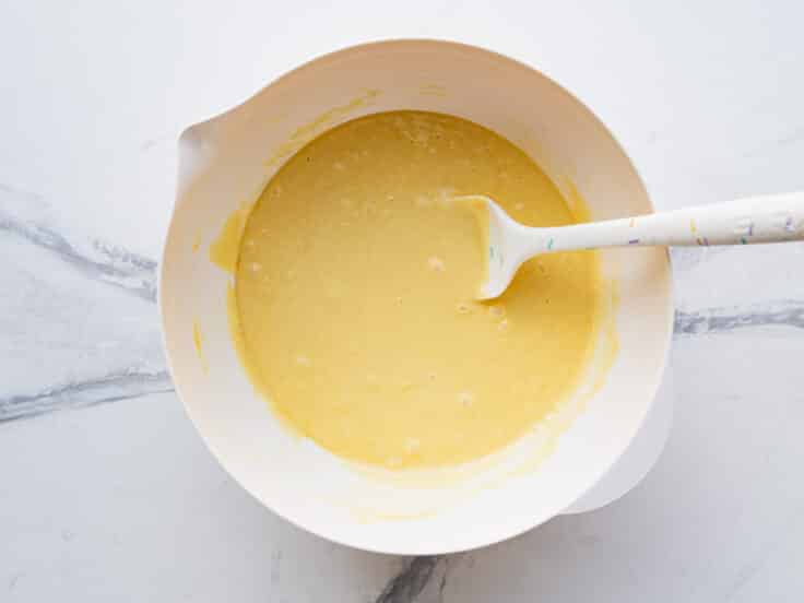 Batter for an easy pineapple upside down cake with cake mix.
