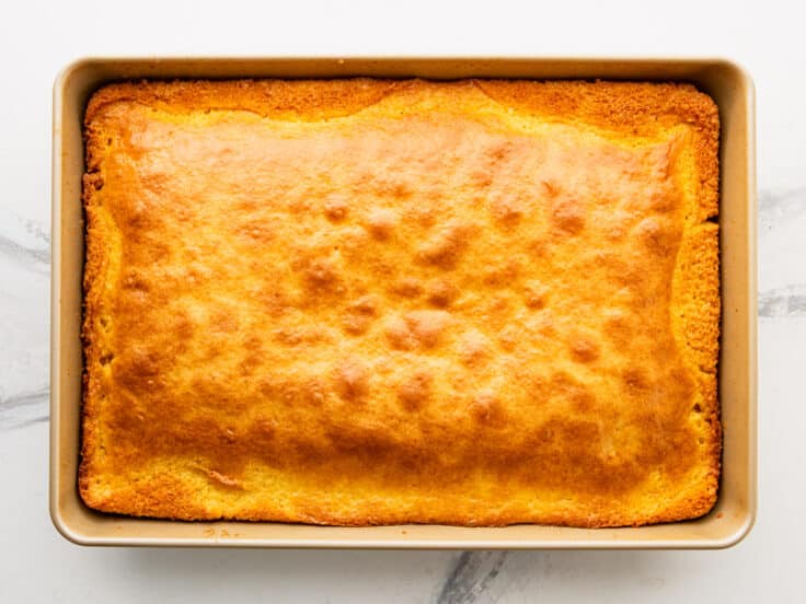 Baked pineapple upside down cake before inverting.