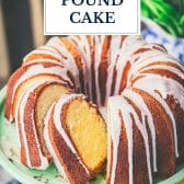 Sliced 7up pound cake on a stand with text title overlay