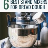 Adding flour to stand mixer with text title overlay