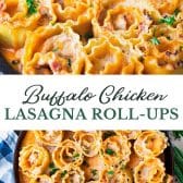 Long collage image of buffalo chicken lasagna roll ups