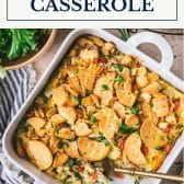 Dish of chicken zucchini casserole with text title box at top.