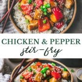 Long collage image of chicken and bell pepper stir fry.
