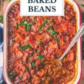 Dish of cowboy baked beans with text title overlay.