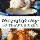Long collage image of the fastest way to thaw chicken.