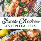 Long collage image of Greek chicken and potatoes.