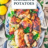 Platter of Greek chicken and potatoes with text title overlay.