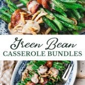 Long collage image of green bean casserole bundles with bacon.