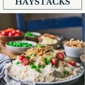 Hawaiian haystacks on a dinner table with text title box at top.