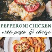 Long collage image of pepperoni chicken.