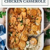 Poppy seed chicken casserole with text title box at top