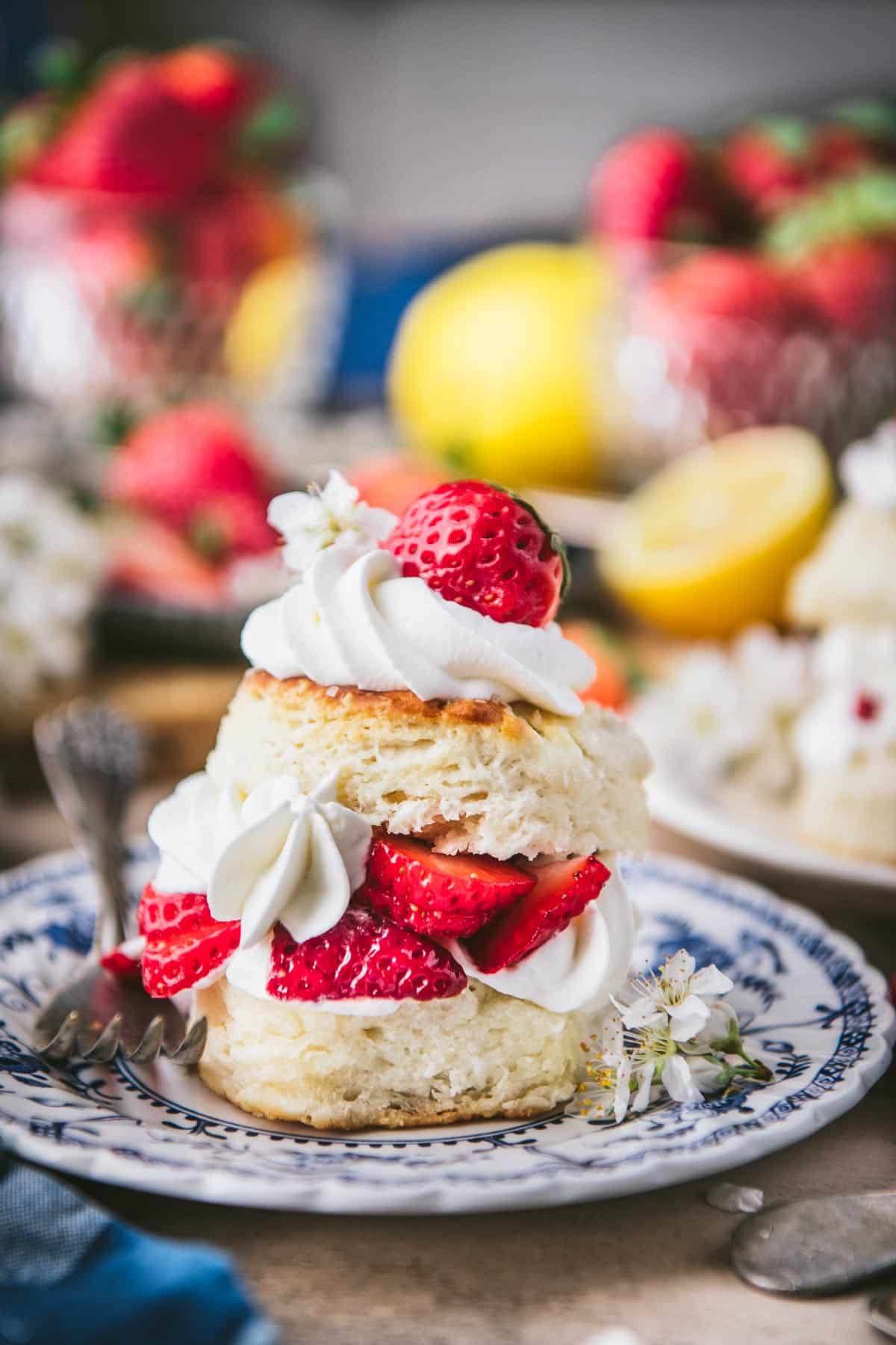 Close up side shot of easy strawberry shortcake recipe on a plate.