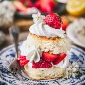 Fork on a blue and white plate with strawberry shortcake biscuits and whipped cream.