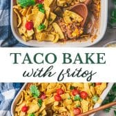 Long collage image of taco bake with fritos