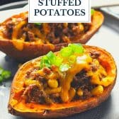 Close up shot of taco stuffed potatoes with text title overlay