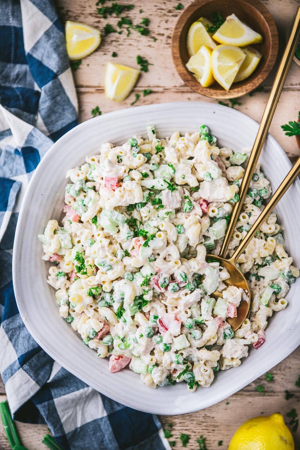 Overhead image of a bowl of pasta salad with tuna fish.