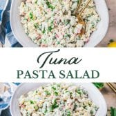 Long collage image of tuna pasta salad