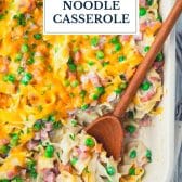 Spoon in easy ham and noodle casserole with text title overlay.