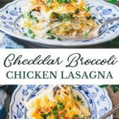 Long collage image of chicken broccoli lasagna.