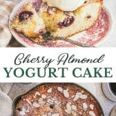 Long collage image of cherry almond yogurt cake.