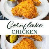 Long collage image of cornflake chicken.