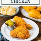 A plate of cornflake chicken with text title box at top.