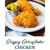 Plate of cornflake chicken with text title at the bottom.