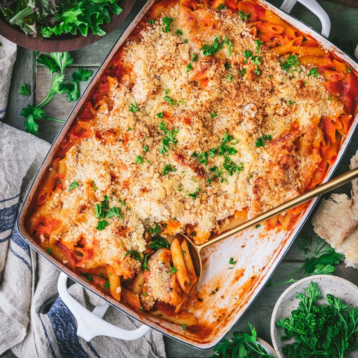 Square overhead image of dump and bake chicken parmesan casserole.