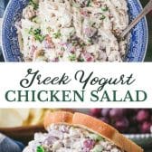 Long collage image of greek yogurt chicken salad.