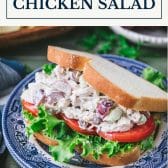 Greek yogurt chicken salad sandwich on a plate with text title box at top.